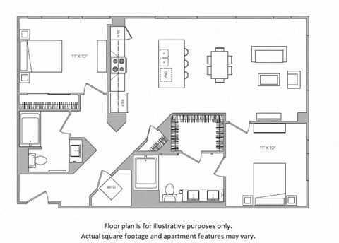 Floor plan for 2 beds, 2 baths, 1182 sqft